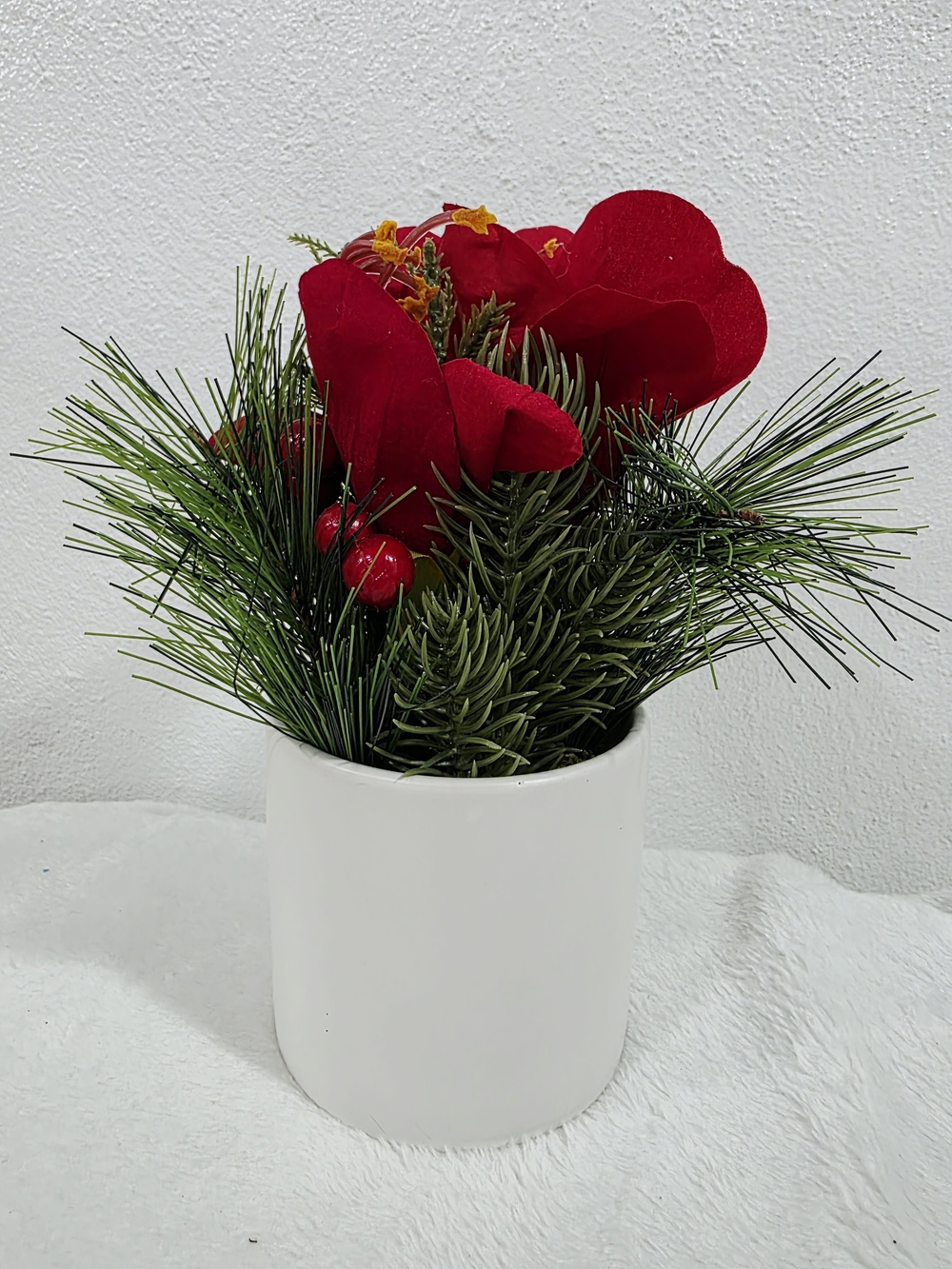 Threshold Red Poppy and Pine Faux Floral Vase Arrangement Christmas Holiday 8"